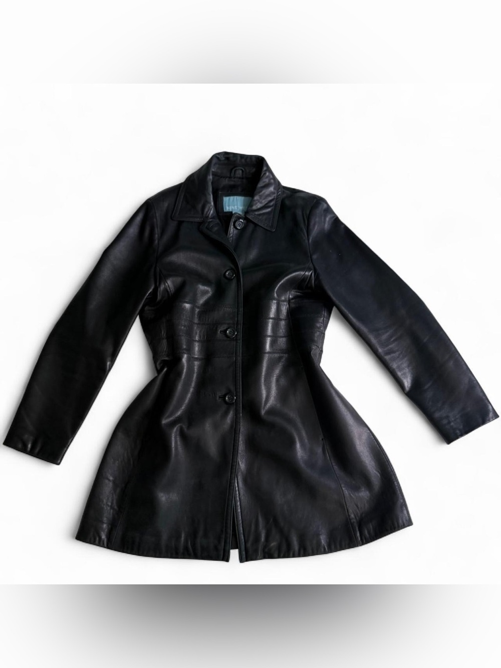 Vintage Authentic Nine West Retro Y2K Black Genuine Leather Large Trench Coat